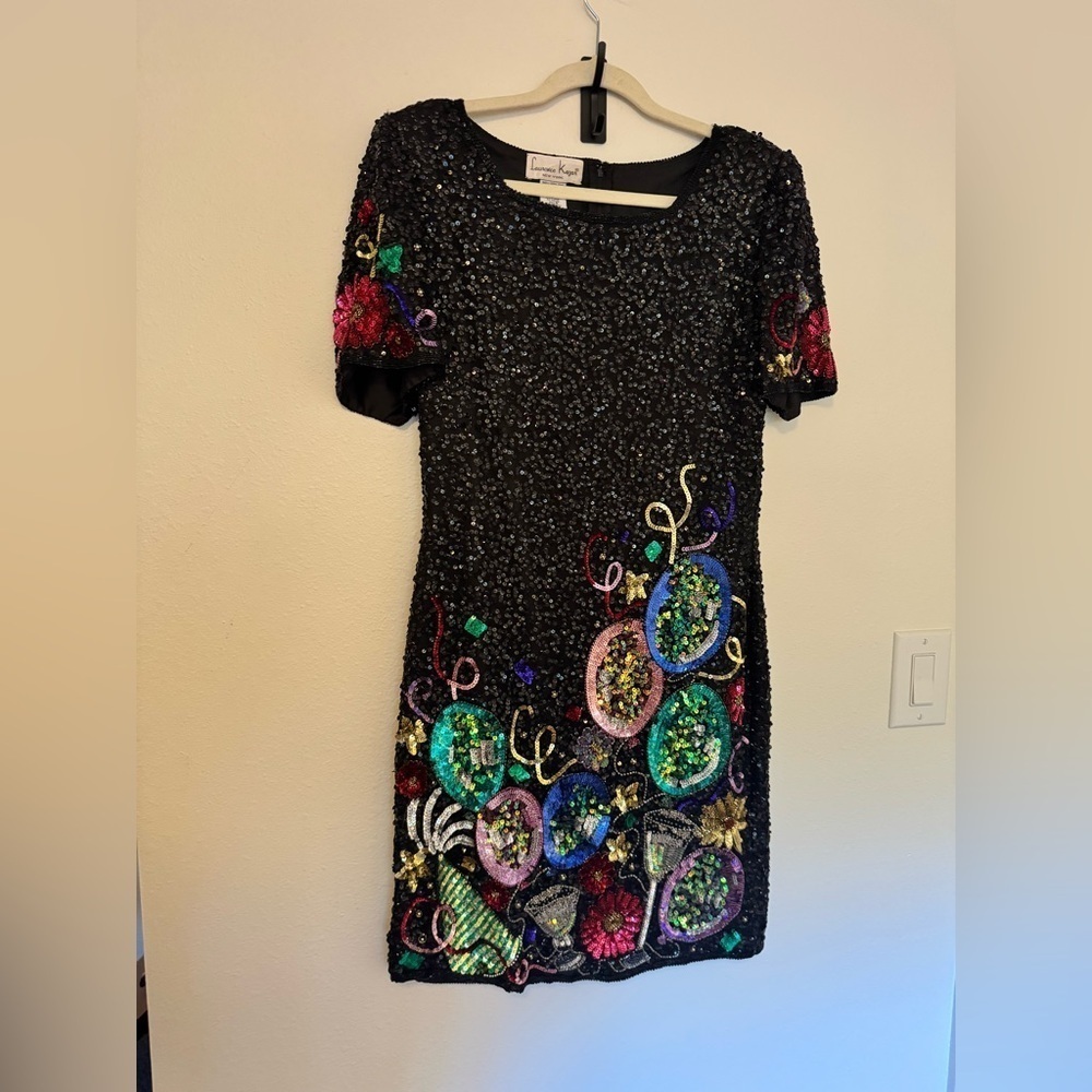 VTG Laurence Kazar Silk Beaded Party Dress Sequin Colorful Mini Medium EUC